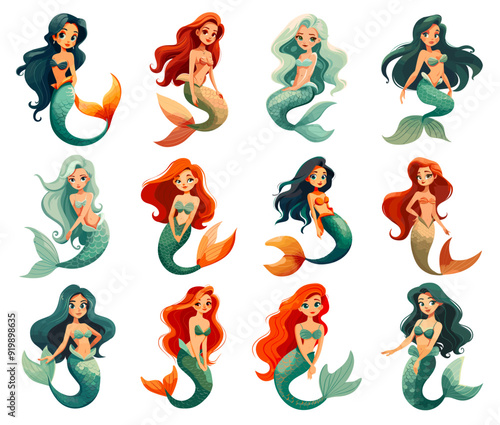 Mermaids characters set. Fantasy mermaid cute swimming siren girls sea princess with beautiful long hair and fishtail cartoon vector illustration