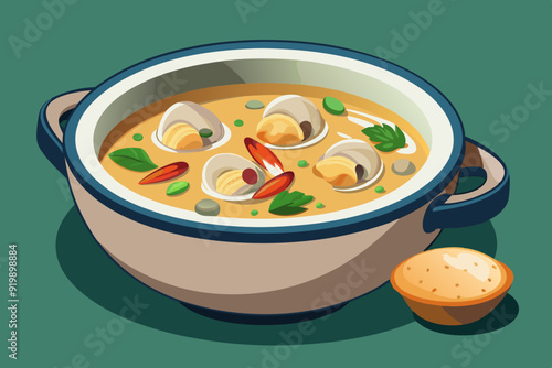 Delicious Clam chowder. Traditional American cuisine. Popular authentic dishes, vector illustration 