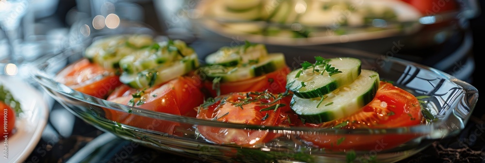 Marinated cucumber and tomato appetizer served at a dining establishment. Marinated cucumber and tomato appetizer served at a dining establishment.