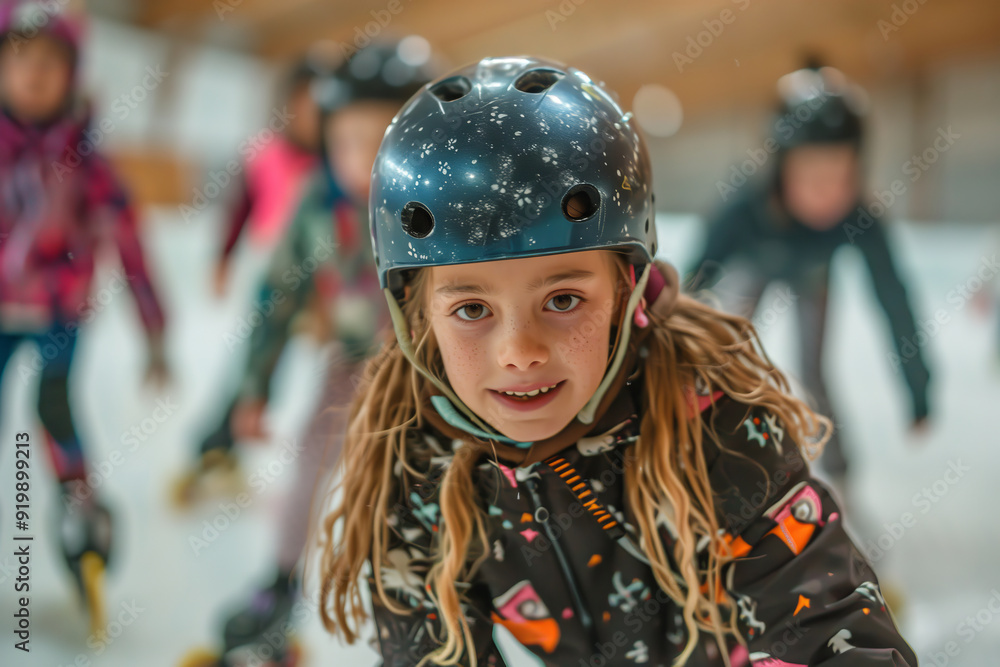 Young Girl Joyfully Participates in Inline Skating Training Session With Friends at Local Rink Young Girl Joyfully Participates in Inline Skating Training Session With Friends at Local Rink
