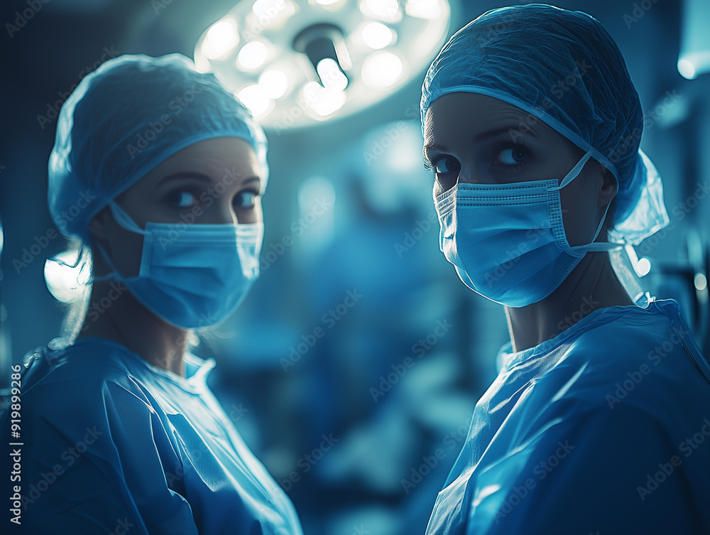 Two female surgeons in surgical attire prepare for an operation under bright surgical lights in a hospital operating room Two female surgeons in surgical attire prepare for an operation under bright surgical lights in a hospital operating room