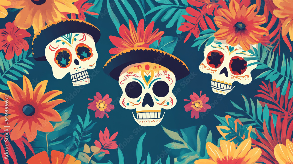 Day of the Deaths Background with Sugar Skulls and Colorful Flowers Day of the Deaths Background with Sugar Skulls and Colorful Flowers
