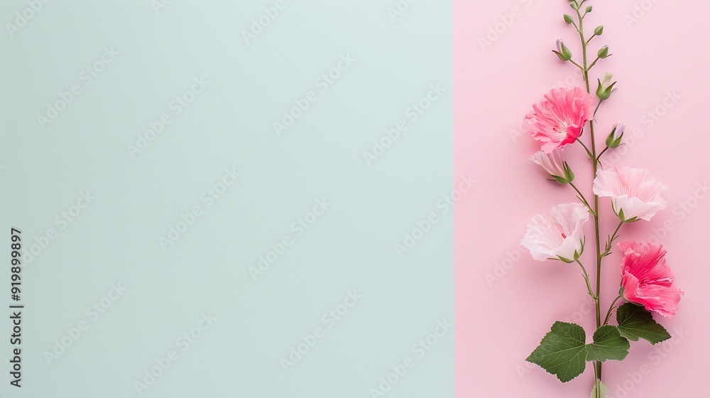 Pink and white hollyhock flowers on pastel pink and blue background with ample copy space. Flat lay floral composition, ideal for creating greeting cards, invitations, banners, posters, and spring-the Pink and white hollyhock flowers on pastel pink and blue background with ample copy space. Flat lay floral composition, ideal for creating greeting cards, invitations, banners, posters, and spring-the
