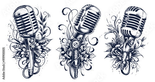 Microphone tattoo sketches. Microphones vintage drawing art, karaoke music monochrome print mic with flowers radio sound voice stand up concept retro engraving set vector illustration