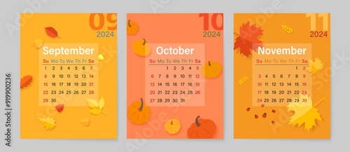 Autumn months Calendar for 2024 year. A set of 3 months with colorful autumn leaves, berries and pumpkins.