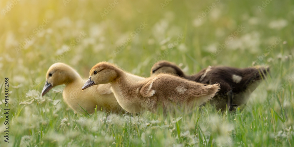 Little baby runner ducks foraging in the spring Little baby runner ducks foraging in the spring