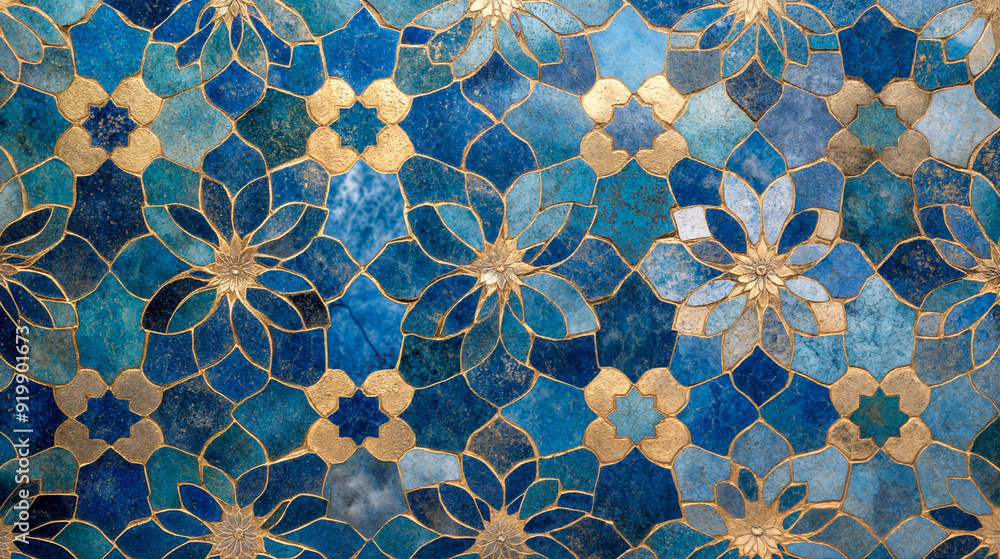 A pattern of intricate blue and turquoise Moroccan tiles, resembling an abstract mosaic with various shapes and patterns. A pattern of intricate blue and turquoise Moroccan tiles, resembling an abstract mosaic with various shapes and patterns.