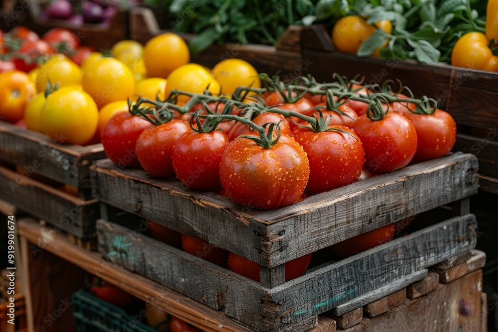 Assorted vibrant ripe tomato varieties showcased at bustling local farmers market Assorted vibrant ripe tomato varieties showcased at bustling local farmers market
