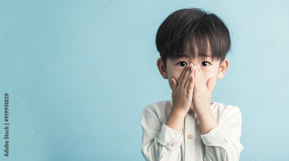 Surprised child covering mouth with hands, standing against blue background, shocked kid expression, children emotion, facial expression concept Surprised child covering mouth with hands, standing against blue background, shocked kid expression, children emotion, facial expression concept