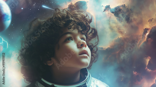 Child in astronaut suit, exploring outer space, gazing at stars, inspiring dreamer child, space adventure concept photo