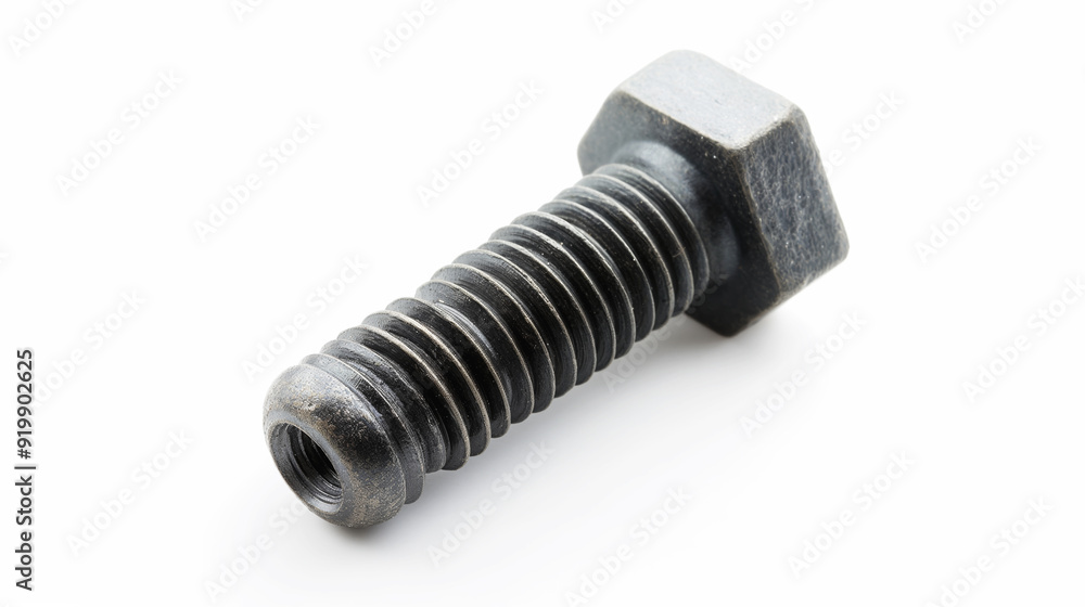 Close-up of a single black metal bolt with visible threads and hexagonal head isolated on a white background. The image highlights the texture and industrial design of the bolt Close-up of a single black metal bolt with visible threads and hexagonal head isolated on a white background. The image highlights the texture and industrial design of the bolt