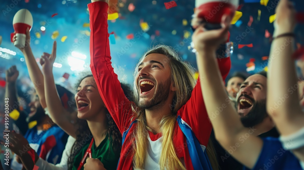 Obraz premium Excited fans at a sporting event cheering and celebrating, with bright lights and confetti in the background, creating a lively and energetic atmosphere