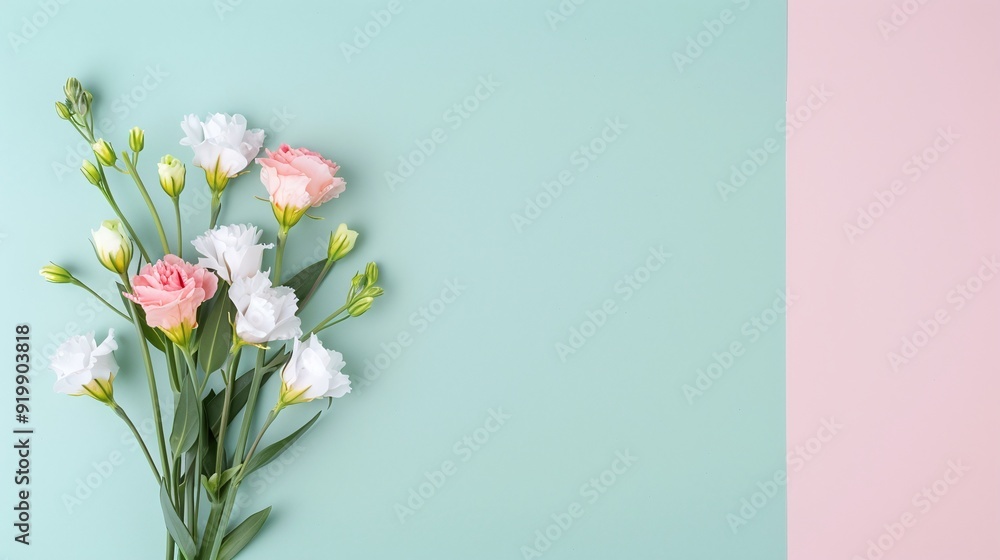 Mixed eustoma lisianthus flowers on pastel pink and green background with ample copy space. Flat lay floral composition, ideal for greeting cards, invitations, banners, posters, and wedding-themed Mixed eustoma lisianthus flowers on pastel pink and green background with ample copy space. Flat lay floral composition, ideal for greeting cards, invitations, banners, posters, and wedding-themed