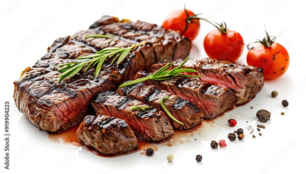 Grilled sliced steak beef juicy rib fillet, white background Grilled sliced steak beef juicy rib fillet, white background
