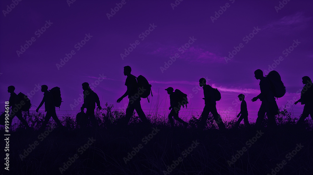 Dark purple Silhouette of refugees people walking Dark purple Silhouette of refugees people walking