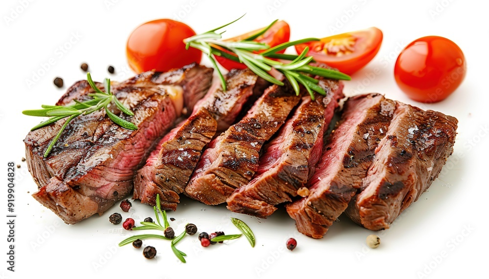 Grilled sliced steak beef juicy rib fillet, white background Grilled sliced steak beef juicy rib fillet, white background