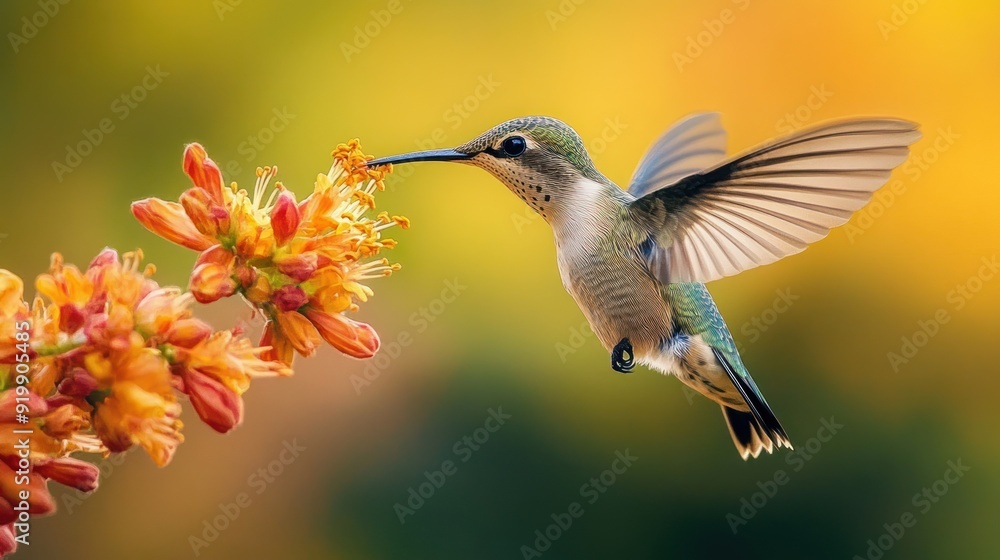 Hummingbird in Flight, Feeding on Flowers Hummingbird in Flight, Feeding on Flowers