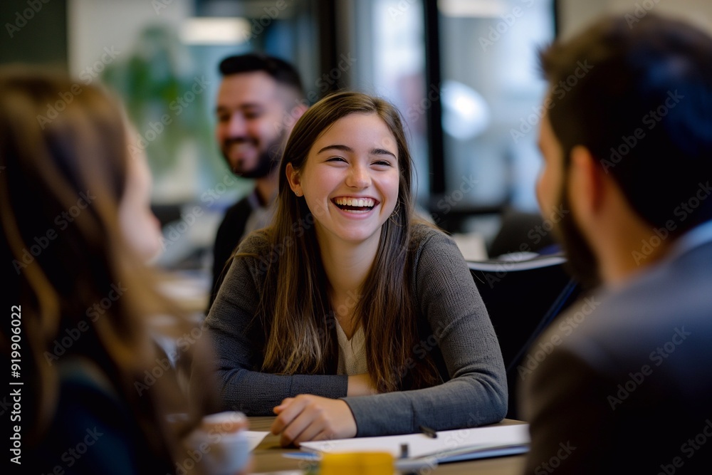 A group of young professionals in an office setting gathered around a table laughing together during their team meeting or training session. A group of young professionals in an office setting gathered around a table laughing together during their team meeting or training session.