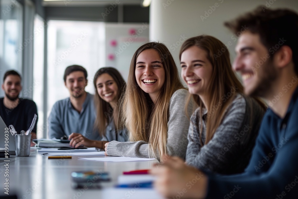 A group of young professionals in an office setting gathered around a table laughing together during their team meeting or training session. A group of young professionals in an office setting gathered around a table laughing together during their team meeting or training session.