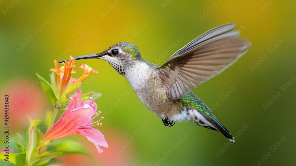 Fototapeta premium Hummingbird in Flight Feeding on a Flower