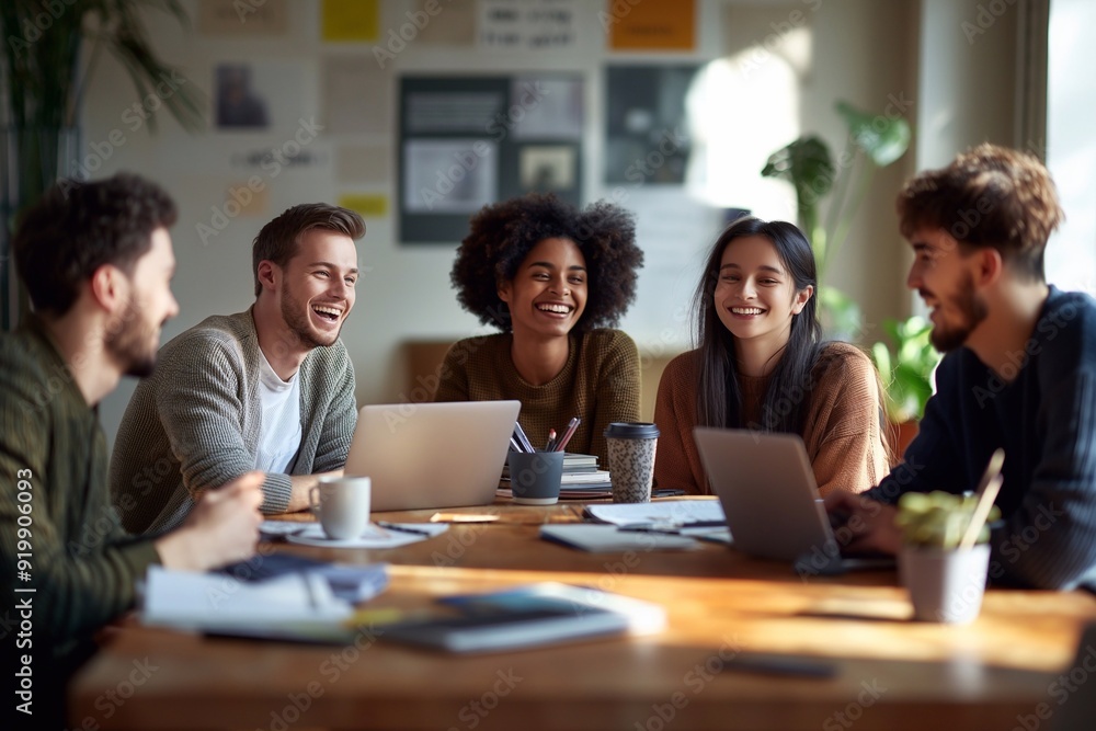 A group of young professionals in an office setting gathered around a table laughing together during their team meeting or training session. A group of young professionals in an office setting gathered around a table laughing together during their team meeting or training session.