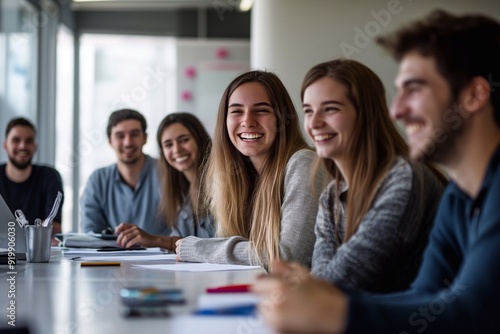 A group of young professionals in an office setting gathered around a table laughing together during their team meeting or training session.