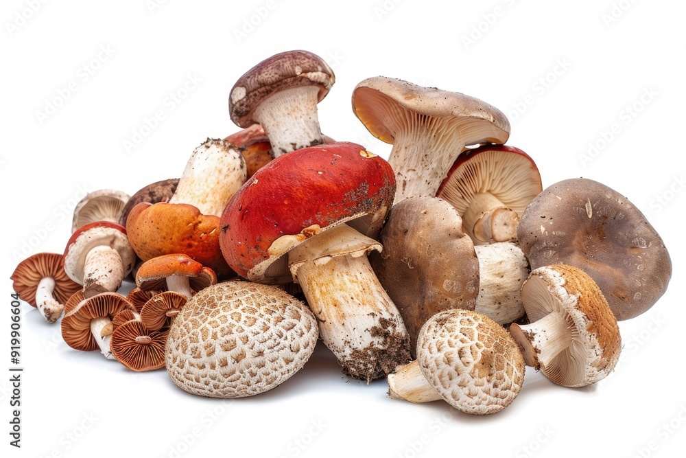 Close-up of wild forest mushrooms with detailed textures and earthy colors. Perfect for autumn-themed designs, nature illustrations, and educational materials about fungi.