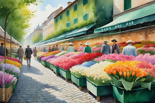 Flower market in Paris, France. Colorful tulips on the street. photo