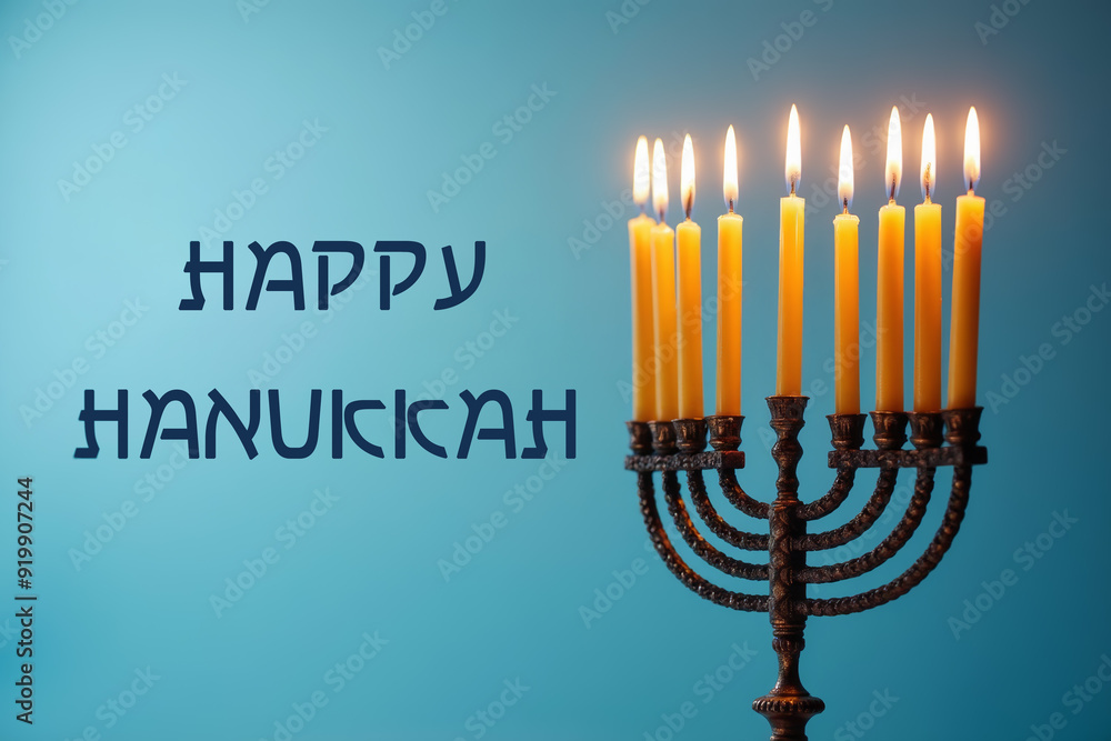 A menorah with nine lit candles, Hanukkah attribute. A text in English 'Happy Hanukkah' on blue background. A menorah with nine lit candles, Hanukkah attribute. A text in English 'Happy Hanukkah' on blue background.