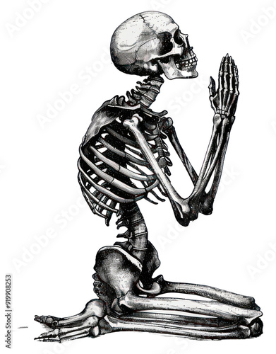 PNG  Praying skeleton in kneeling position photo