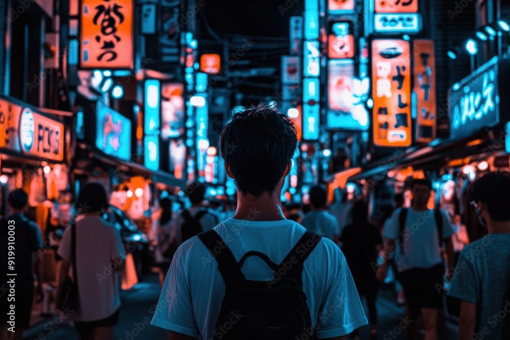 Beneath vibrant neon lights, people wander through Tokyos bustling streets, enjoying the citys electric nightlife. Beneath vibrant neon lights, people wander through Tokyos bustling streets, enjoying the citys electric nightlife.