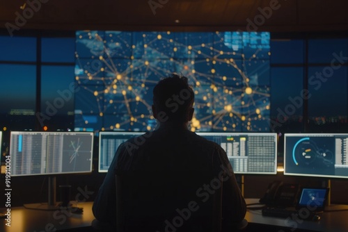 A professional seated in a cutting-edge workspace, immersed in data analysis while a vibrant digital display showcases interconnected networks.