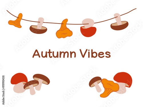 Decorative illustration of autumn mushrooms hanging on a string with the text autumn vibes