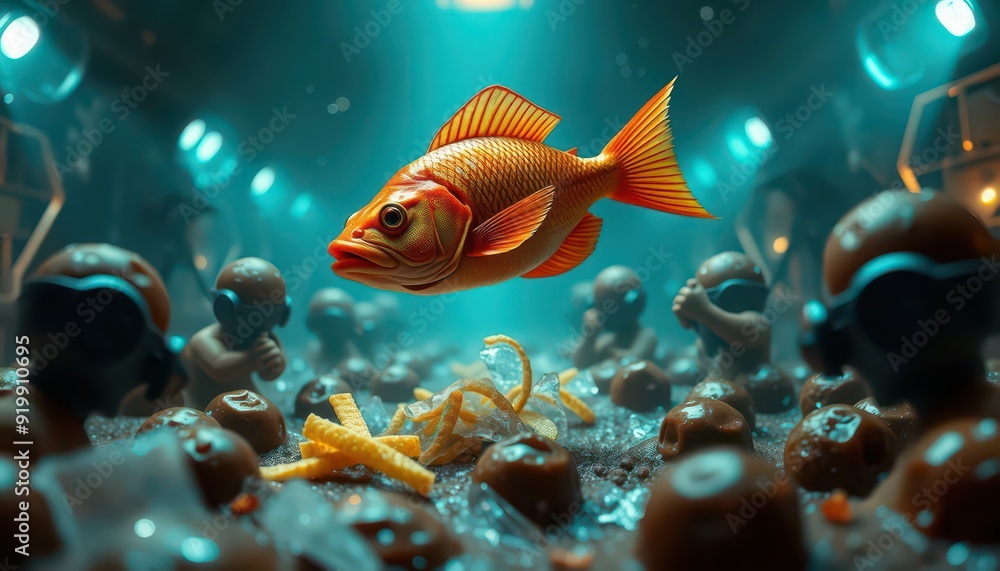 Fototapeta premium Goldfish Floating Above Chocolate Candies and Orange Zest.