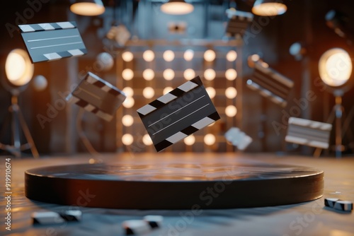 Dynamic Podium Surrounded by Floating Clapperboards in a Theater Environment