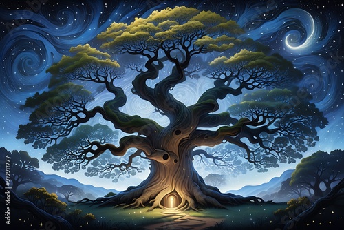 Magic tree in the night forest. Illustration for your design. photo