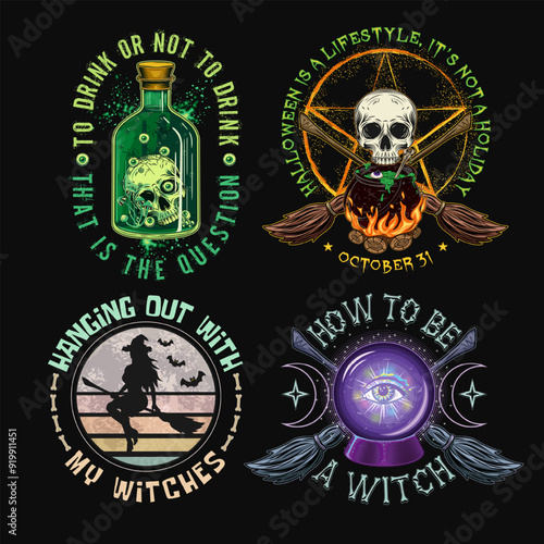 Labels with cauldron, skull, bottle with green potion, magic ball, criss crossed brooms, pentagram sign, magic ball, wiccan signs, text. Colorful witchy illustrations on black in vintage style