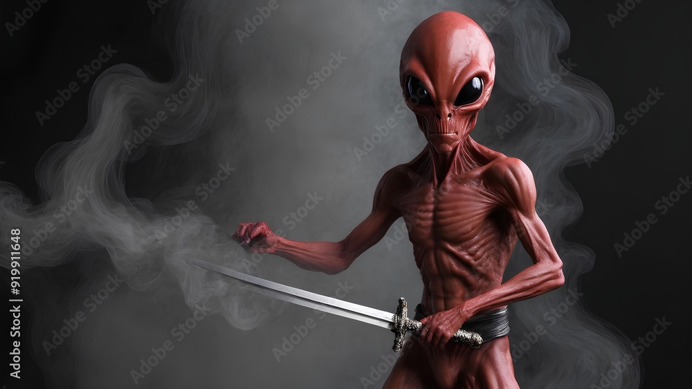 Red Alien Holding Sword: High-Resolution Dynamic Visual with Smoke Fumes on Black Background Red Alien Holding Sword: High-Resolution Dynamic Visual with Smoke Fumes on Black Background