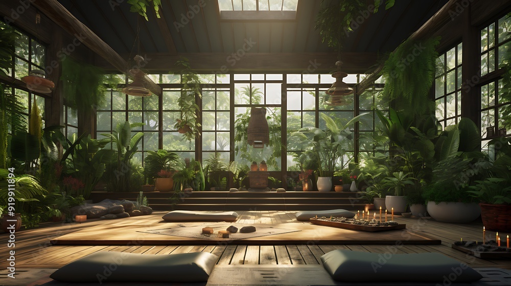Fototapeta premium An indoor greenhouse with lush greenery, featuring a yoga mat for a mindful practice in a botanical oasis.