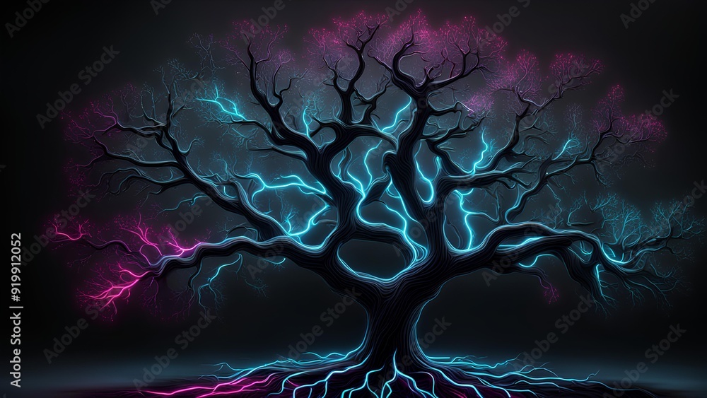 Obraz premium Neon Plexus Oak Tree: High-Quality Digital Desktop Wallpaper with Stunning, Trendy Black Background Design