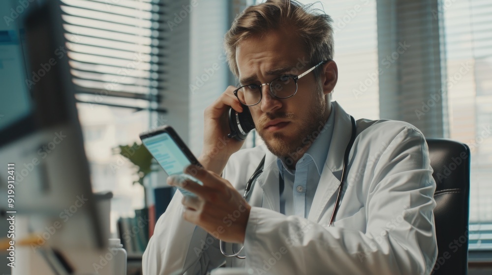 Fototapeta premium A scientist taking a call while wearing a lab coat, great for business or tech related concepts