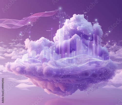 Futuristic floating cloud city with neon lights in the sky photo