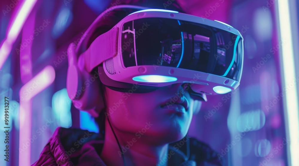 A captivating and mesmerizing view of a user deeply immersed in the world of virtual reality, showcasing the innovative technology and vibrant neon ambiance surrounding them in an engaging atmosphere A captivating and mesmerizing view of a user deeply immersed in the world of virtual reality, showcasing the innovative technology and vibrant neon ambiance surrounding them in an engaging atmosphere