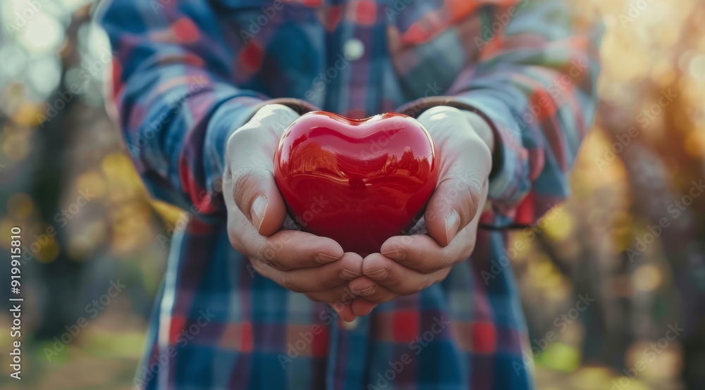 A person gently holds a bright red heart in their hands, symbolizing love, care, and warmth found in nature A person gently holds a bright red heart in their hands, symbolizing love, care, and warmth found in nature