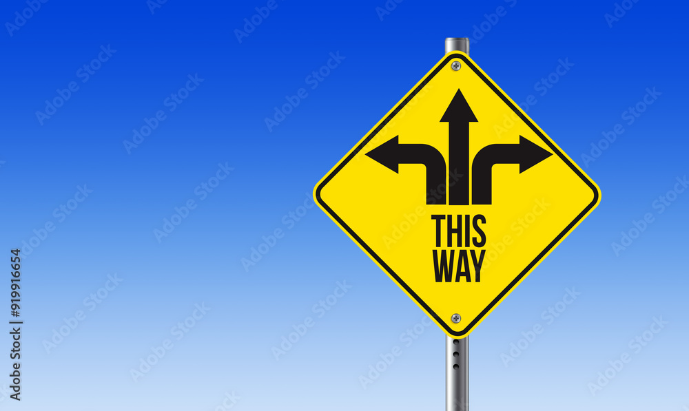 This way road sign. Background on orientation and motivation. This way road sign. Background on orientation and motivation.