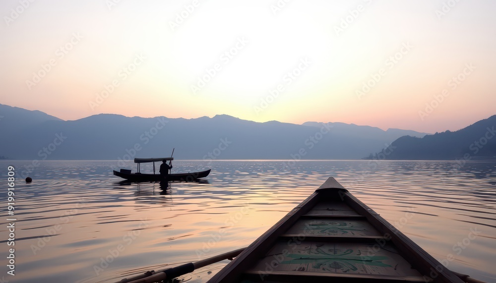 Fototapeta premium Rowing on a Serene Lake at Sunset.