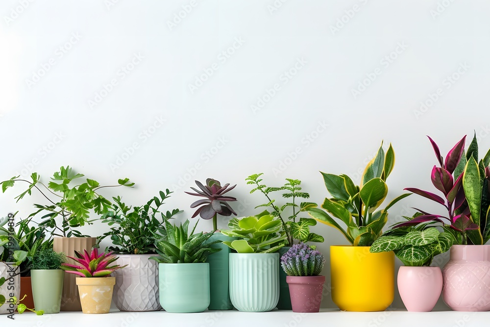 Array of colorful houseplants in pots on a white background, text space Array of colorful houseplants in pots on a white background, text space