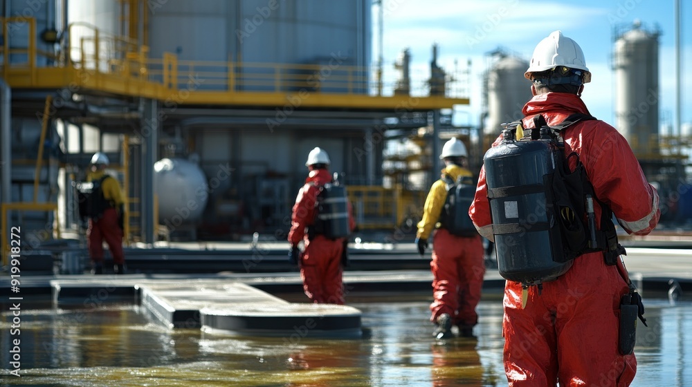 Generate a photo realistic image of workers training on chemical spill response, with spill containment equipment, spill cleanup procedures, and emergency response drills visible Generate a photo realistic image of workers training on chemical spill response, with spill containment equipment, spill cleanup procedures, and emergency response drills visible