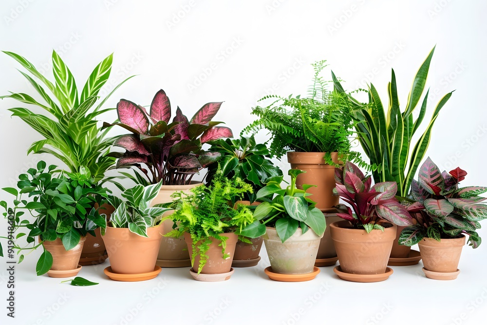 Group of plastic plant containers with flowers on white background, space for text Group of plastic plant containers with flowers on white background, space for text
