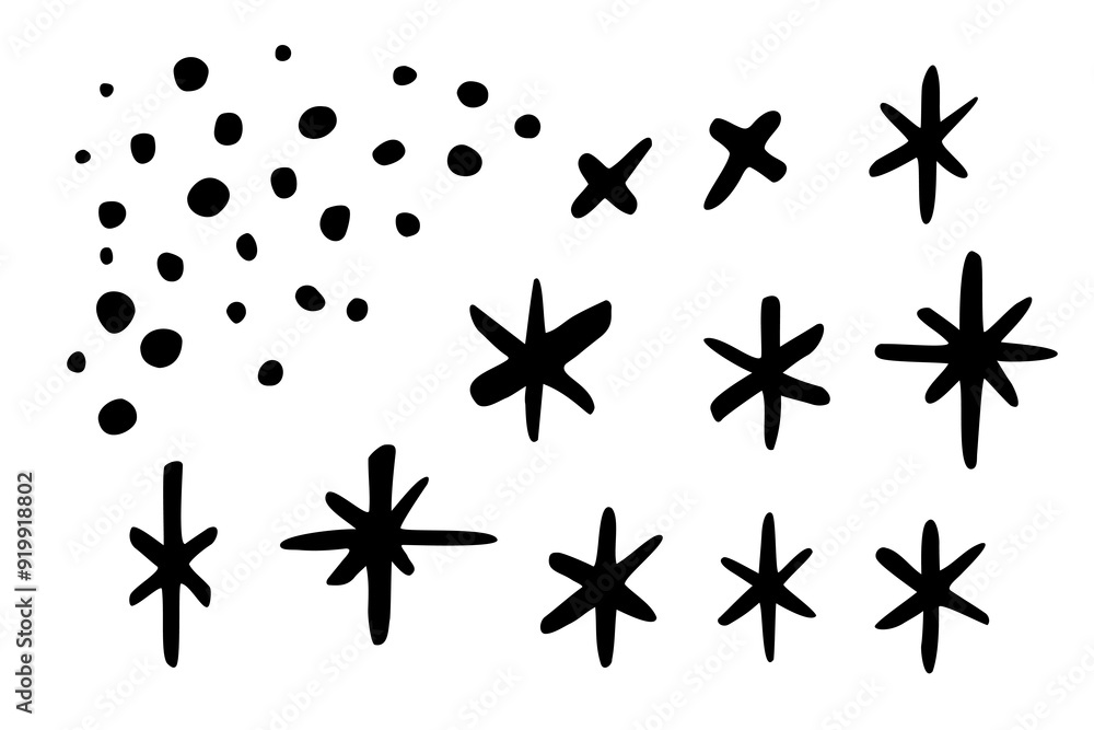 Vector set of hand drawn snowflakes and snow. Cute doodle elements, isolated on white background.